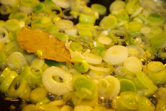 Leeks simmering.