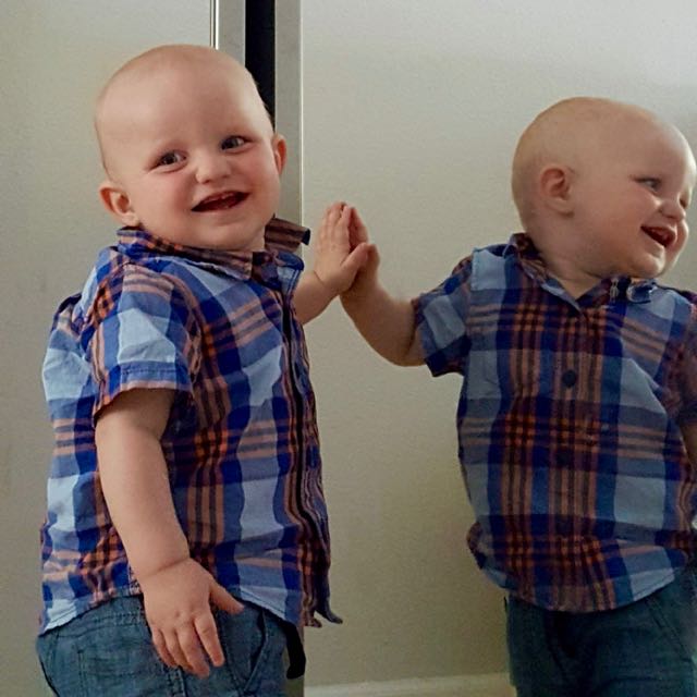 Seb pats mirror and smiles.