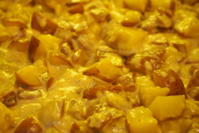 Potatoes, leeks, and cream closeup.