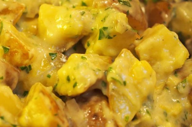 Potatoes, leeks, parsley, and cream.