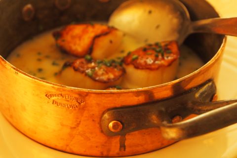 Scallops in Beurre Blanc cooked in Durfort copper pot.